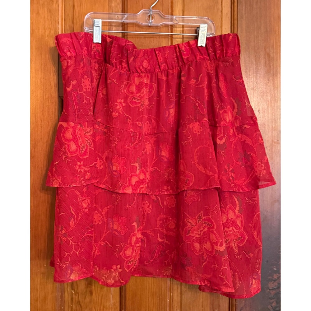Torrid Red Floral Chiffon Tiered Ruffle Mini Skirt Metallic Gold Stripe Plus 1 - Picture 2 of 5